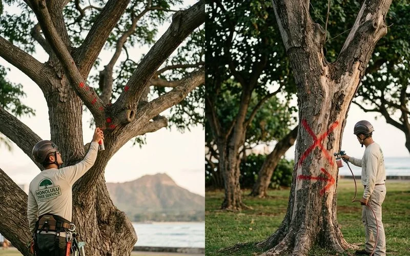 Arborist marking pruning cuts versus removal points