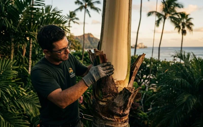 Arborist performing palm skinning