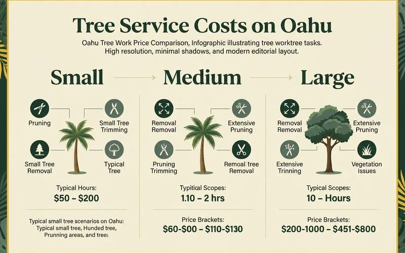 Cost comparison infographic for tree work pricing tiers on Oahu