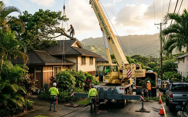 Crane staged on a narrow Honolulu street for an over-the-roof tree removal