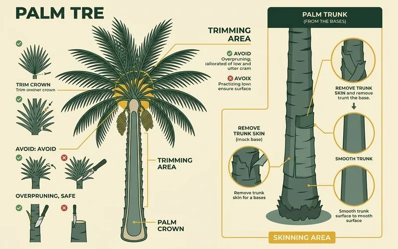 Diagram of palm crown trimming versus trunk skinning