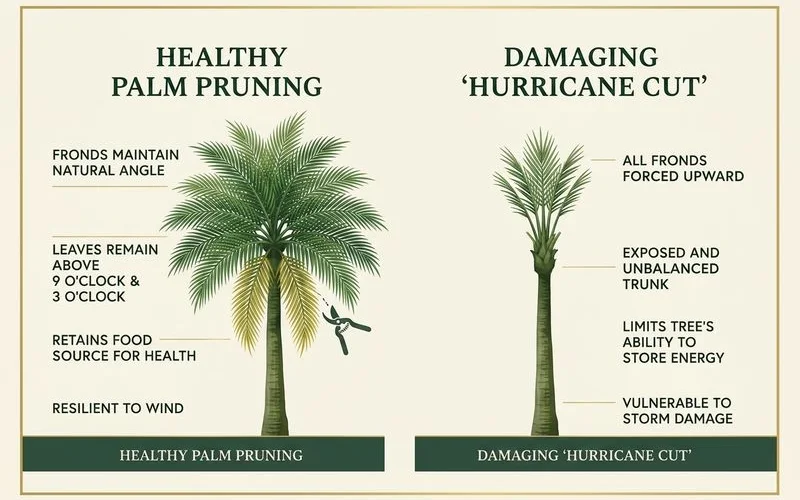 Properly trimmed versus over-trimmed palm comparison