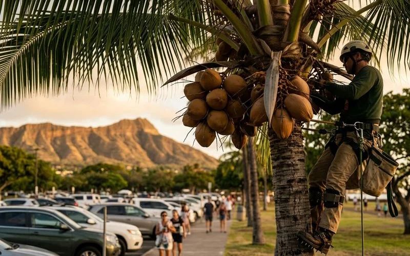 Heavy coconut cluster near walkway