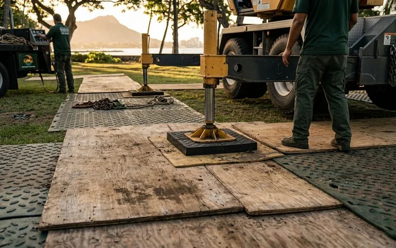 Ground protection layout for crane outriggers on a residential lawn