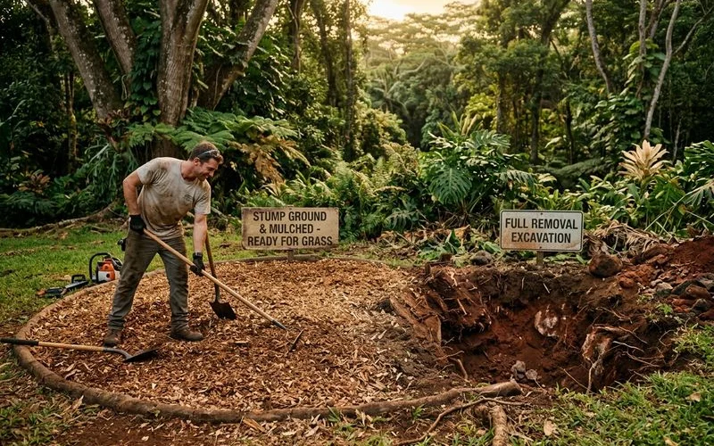 Stump grinding cleanup versus full removal excavation