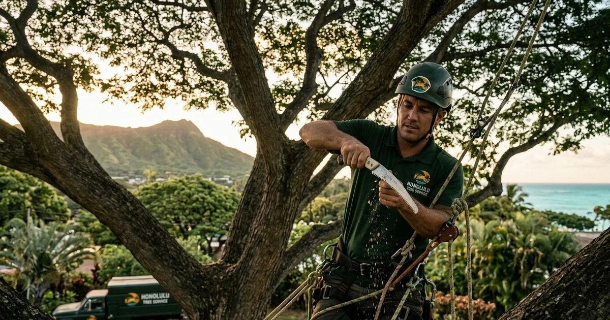 Arborist performing late-spring pre-storm canopy thinning on a mature monkeypod