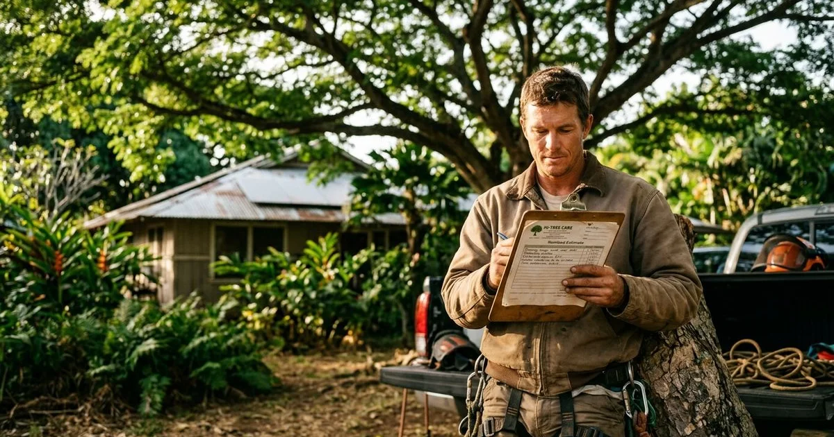 Arborist preparing an itemized trimming estimate on a Honolulu residential property