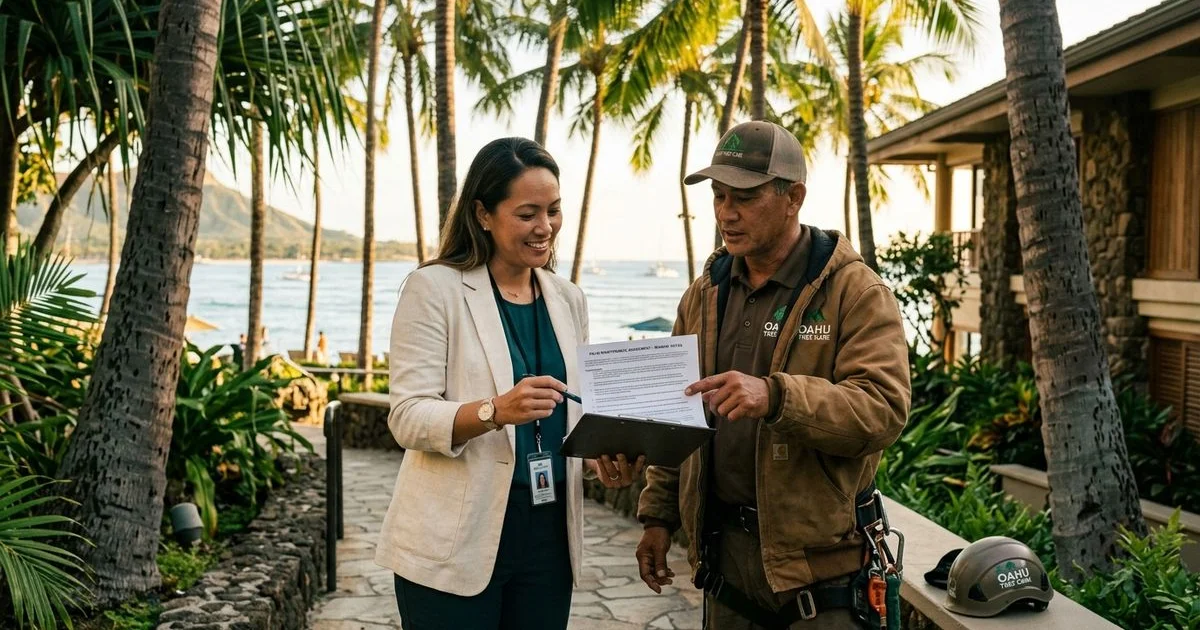 Property manager reviewing palm maintenance contract with an arborist at a Waikiki property