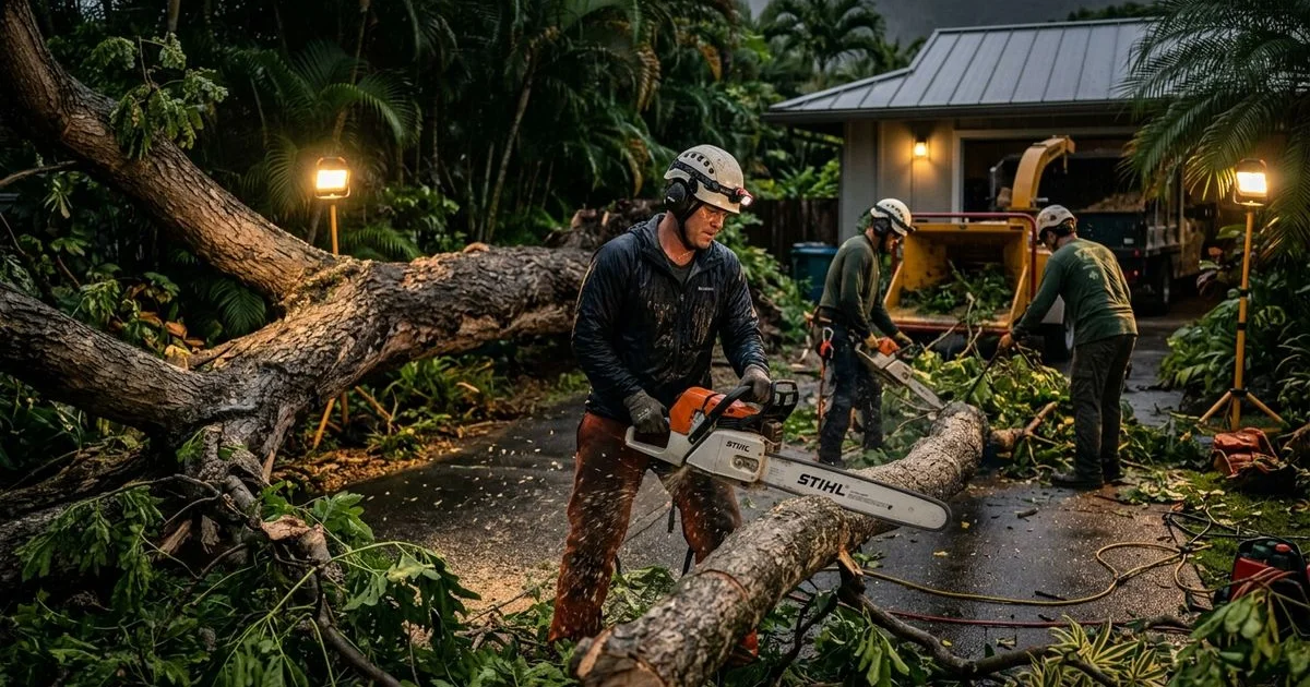 Emergency tree crew removing a fallen monkeypod from a Kailua driveway after a storm