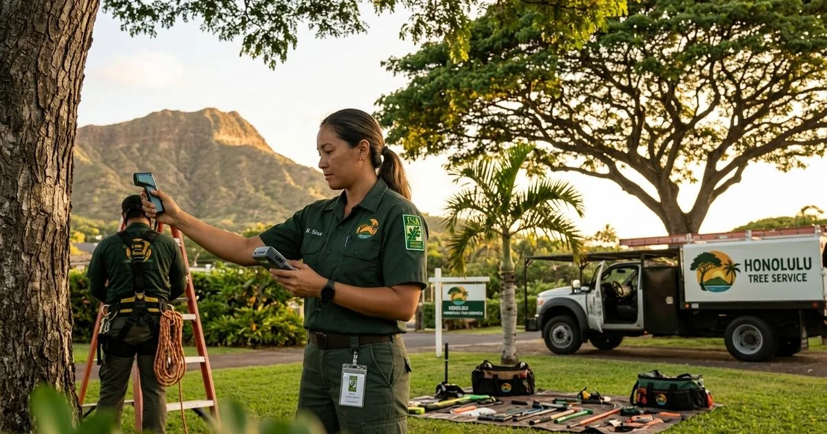 ISA Certified Arborist inspecting a tree with credentials visible