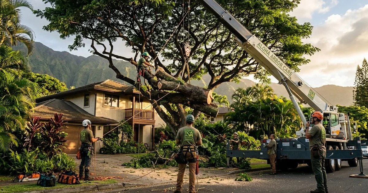 ISA-certified crew using crane to remove a large monkeypod from a Honolulu property