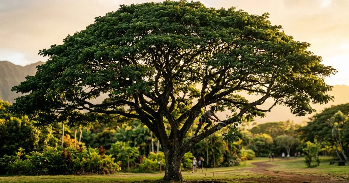 Mature monkeypod tree with iconic spreading canopy on Oahu